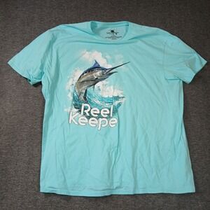 Island Shore Men 2XL Reel Keeper Marlin Fishing Graphic T-Shirt Aqua Blue Cotton